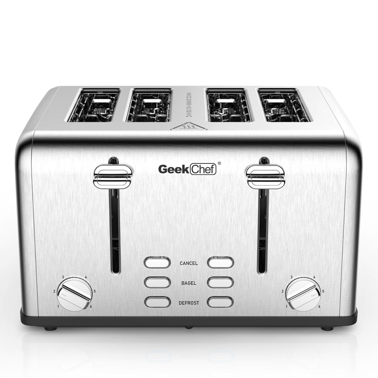 image-Prohibit Shelves In The Amazon. Toaster 4 Slice, Geek Chef Stainless Steel Extra-Wide Slot Toaster With Dual Control Panels Of Bagel,Defrost,Cancel Function,Ban Amazon