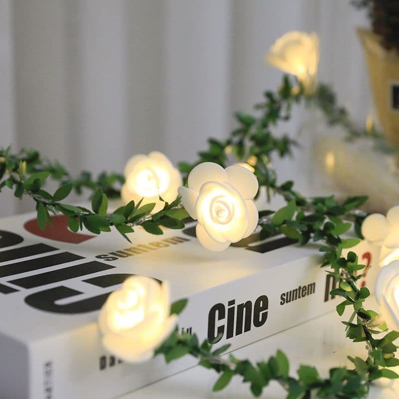 image-Rose Flower Vine String LED Lights Decoration Green Leaf Garland Battery USB Solar Powered Warm White Fairy Lights