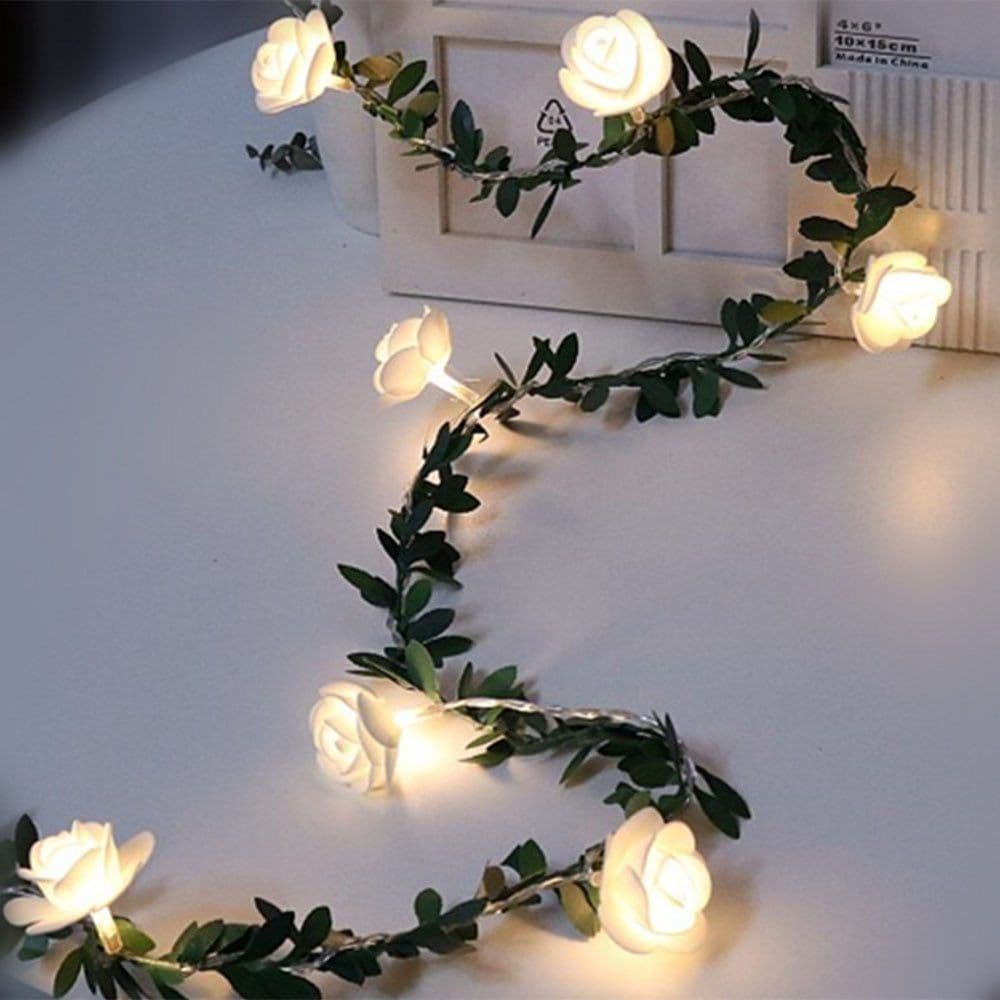 image-Rose Flower Vine String LED Lights Decoration Green Leaf Garland Battery USB Solar Powered Warm White Fairy Lights