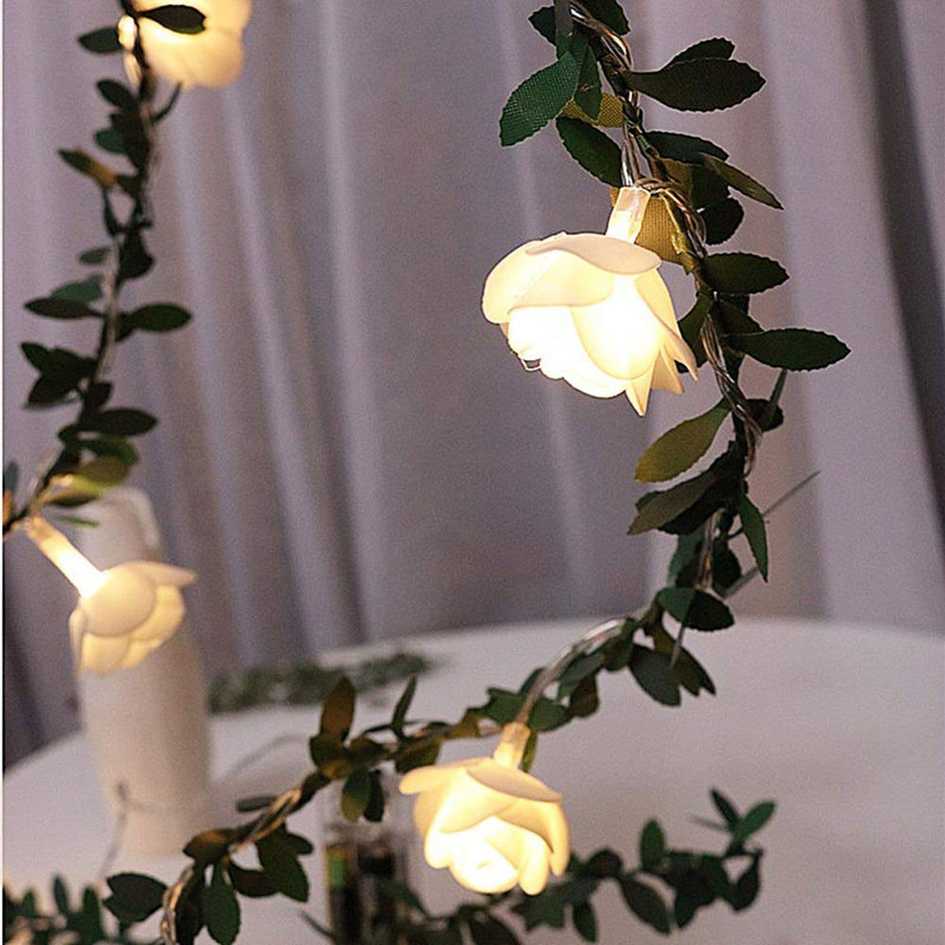 image-Rose Flower Vine String LED Lights Decoration Green Leaf Garland Battery USB Solar Powered Warm White Fairy Lights