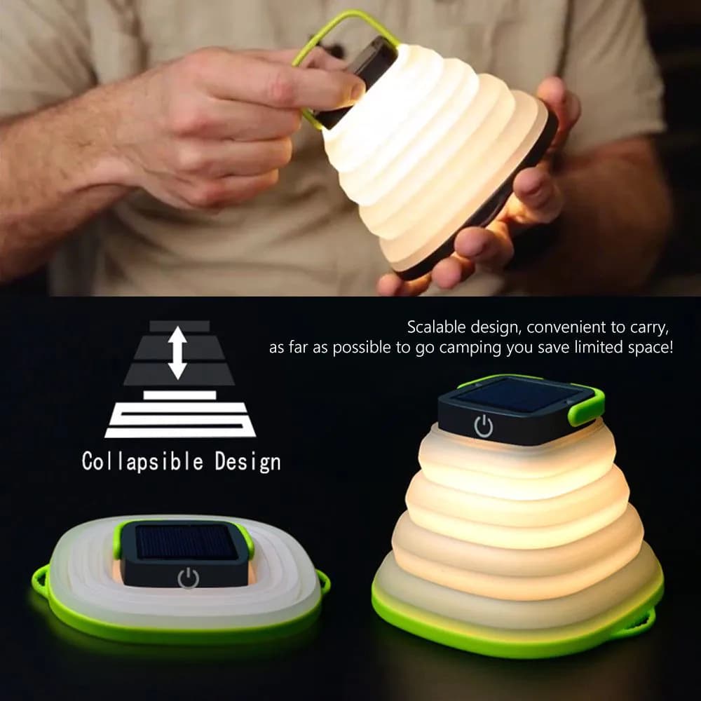 image-Collapsible Camping Light IP68 Waterproof Solar Foldable Lantern Solar Tent Lighting USB Rechargeable Outdoor Night Tools