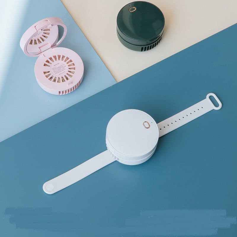 image-Portable Wrist Fan Mirror Leafless USB Rechargeable 3 Speed Adjustable Air Cooler Handheld