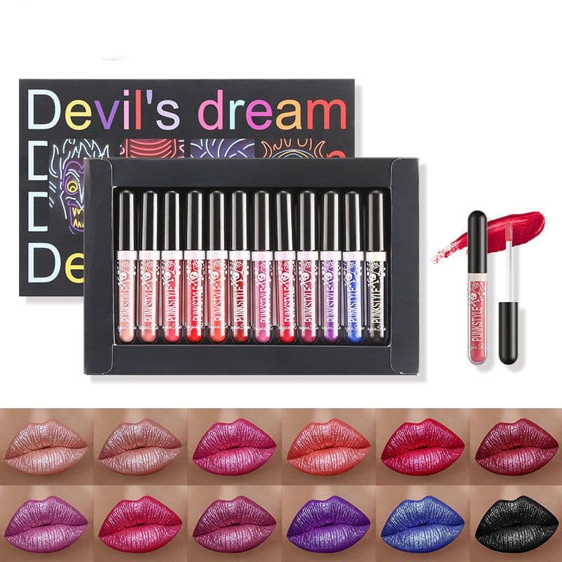 image-12Pcs Liquid Lipstick Set Halloween Makeup Diamond Symphony Lip Gloss Long Lasting Moisturizing Lip Glaze Glitter Cosmetic