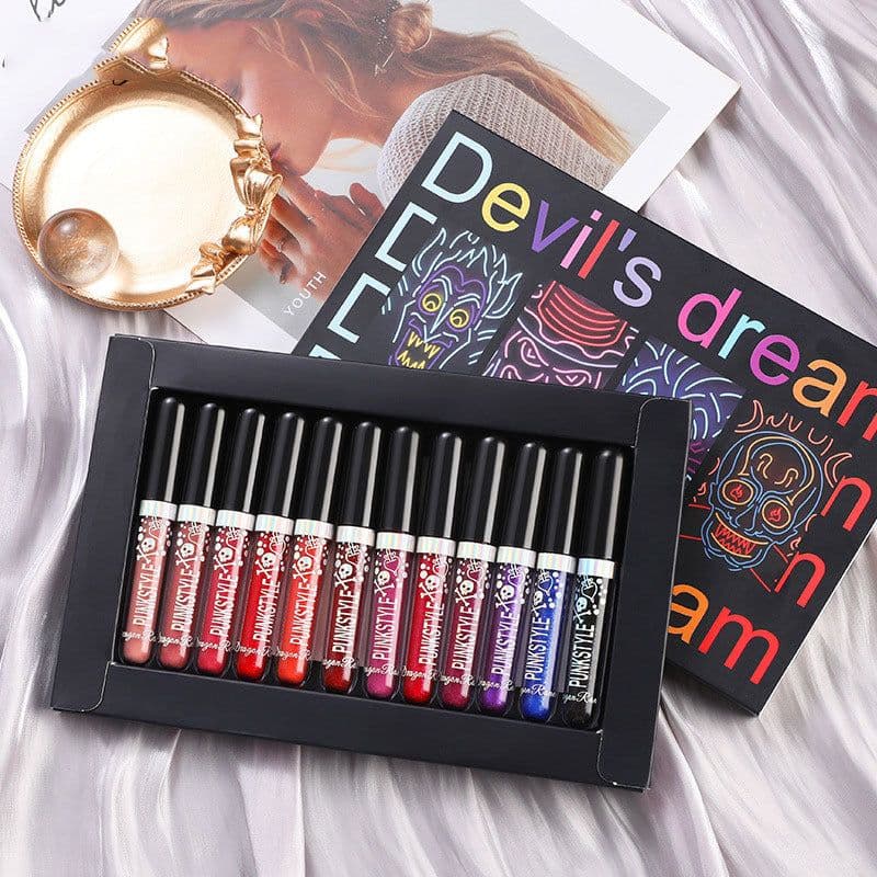 image-12Pcs Liquid Lipstick Set Halloween Makeup Diamond Symphony Lip Gloss Long Lasting Moisturizing Lip Glaze Glitter Cosmetic
