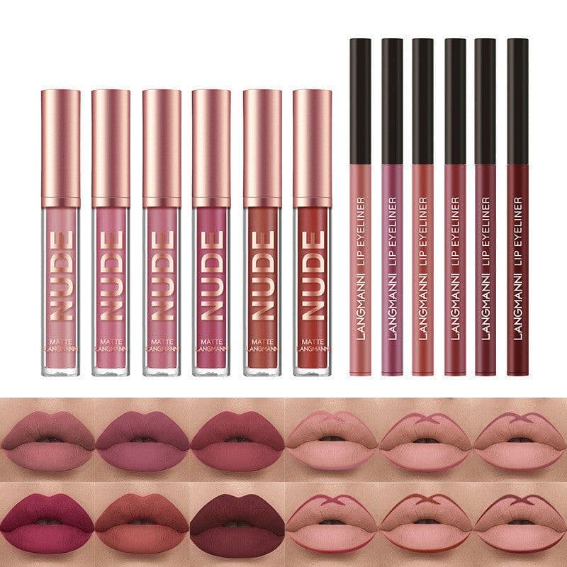image-Lip Liner And Lipstick Makeup 12 Pcs Set 6 Matte Lipstick 6 Lip Liner Pens Waterproof Long Lasting Matte Lipstick Beauty Cosmetics Makeup Gift For Girls Lipstick Set