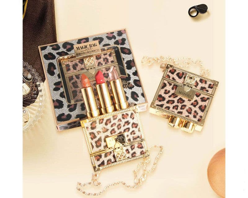 image-Fashion Small Sachet Mousse Lipstick Leopard Print Chain With Small Round Mirror Set