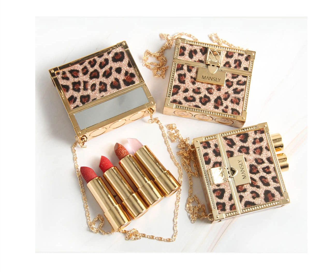 image-Fashion Small Sachet Mousse Lipstick Leopard Print Chain With Small Round Mirror Set