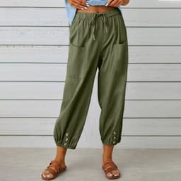 image-Women Drawstring Tie Pants Spring Summer Cotton And Linen Trousers With Pockets Button