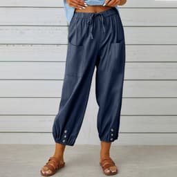 image-Women Drawstring Tie Pants Spring Summer Cotton And Linen Trousers With Pockets Button