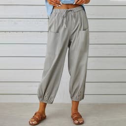 image-Women Drawstring Tie Pants Spring Summer Cotton And Linen Trousers With Pockets Button