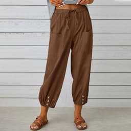 image-Women Drawstring Tie Pants Spring Summer Cotton And Linen Trousers With Pockets Button