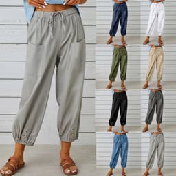 image-Women Drawstring Tie Pants Spring Summer Cotton And Linen Trousers With Pockets Button