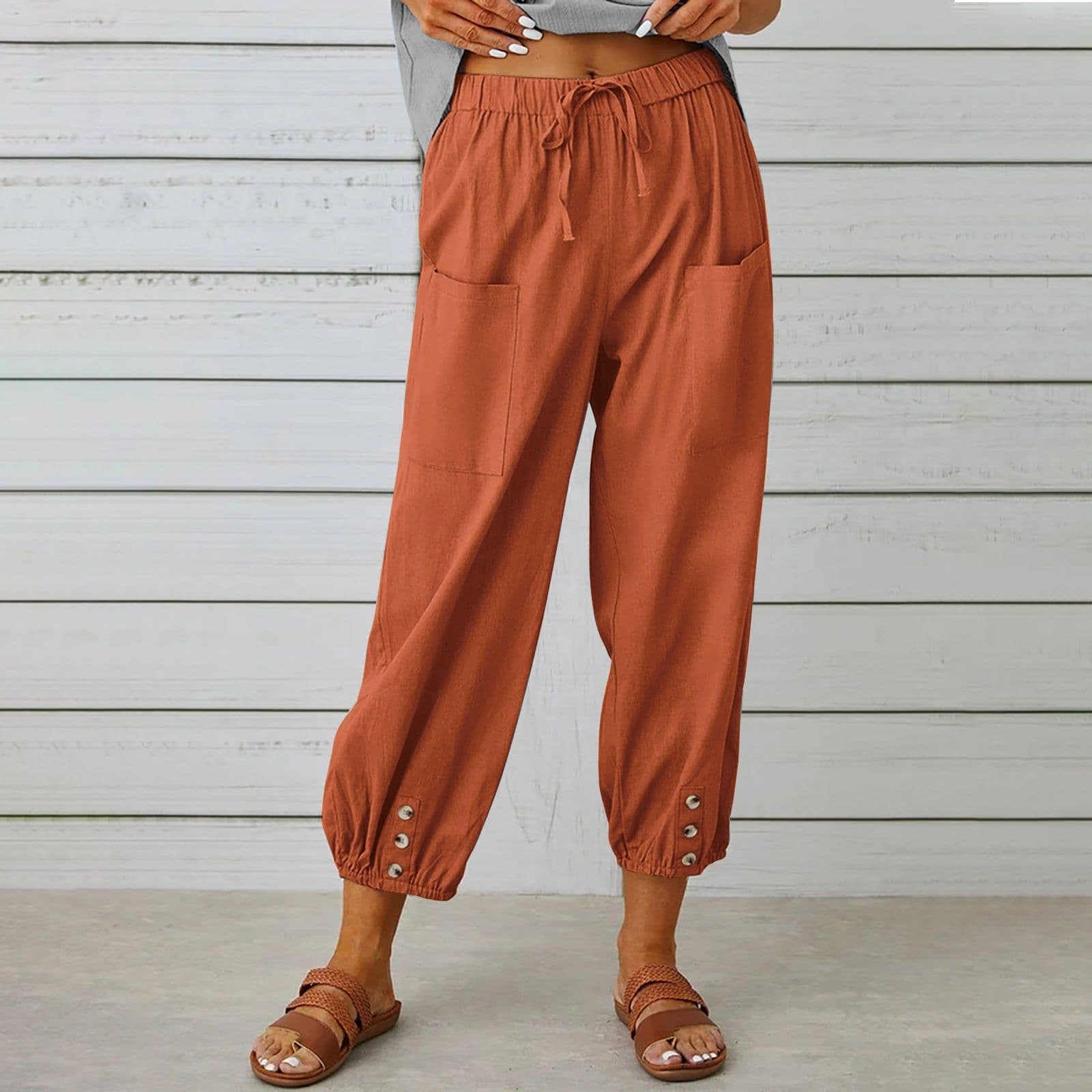 image-Women Drawstring Tie Pants Spring Summer Cotton And Linen Trousers With Pockets Button