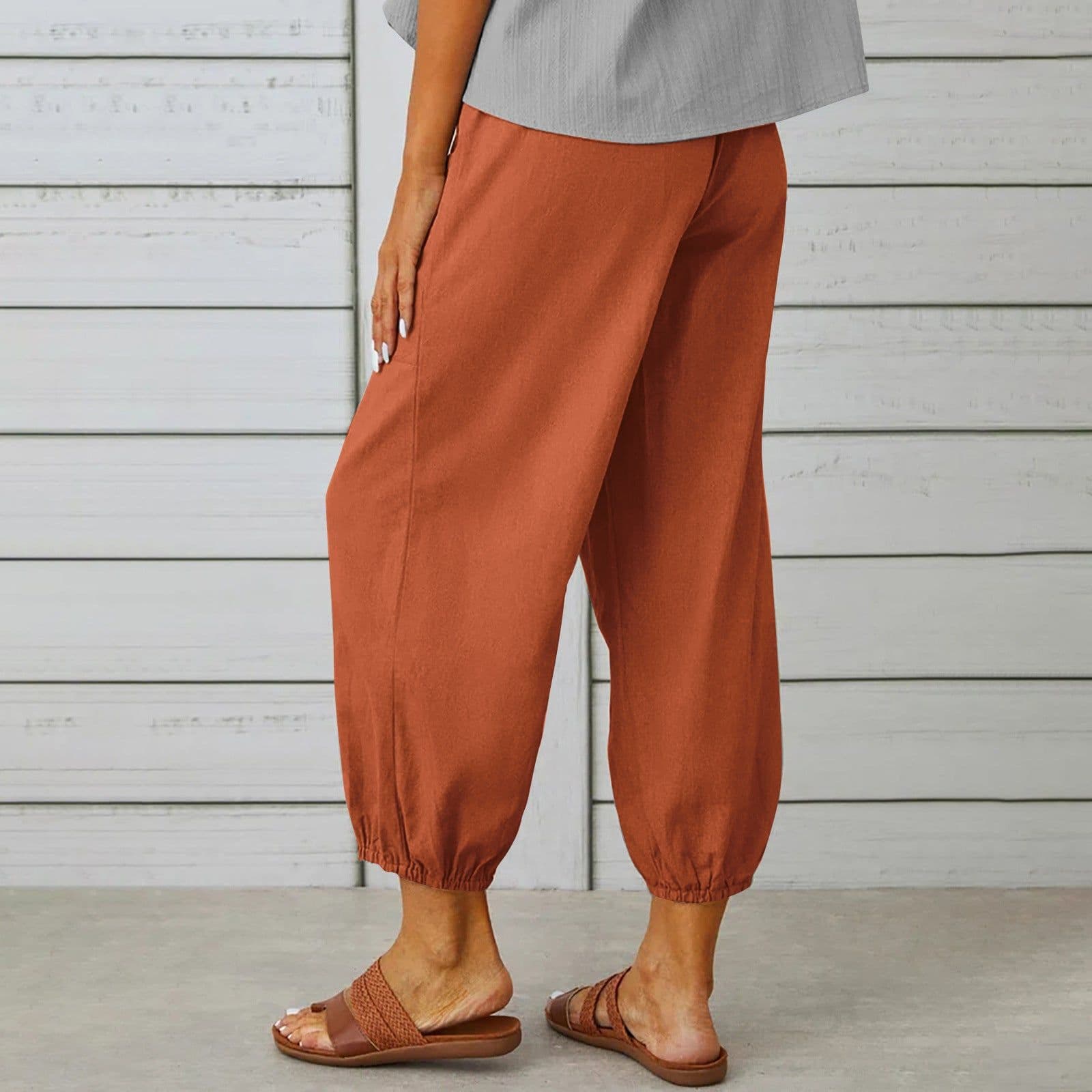 image-Women Drawstring Tie Pants Spring Summer Cotton And Linen Trousers With Pockets Button