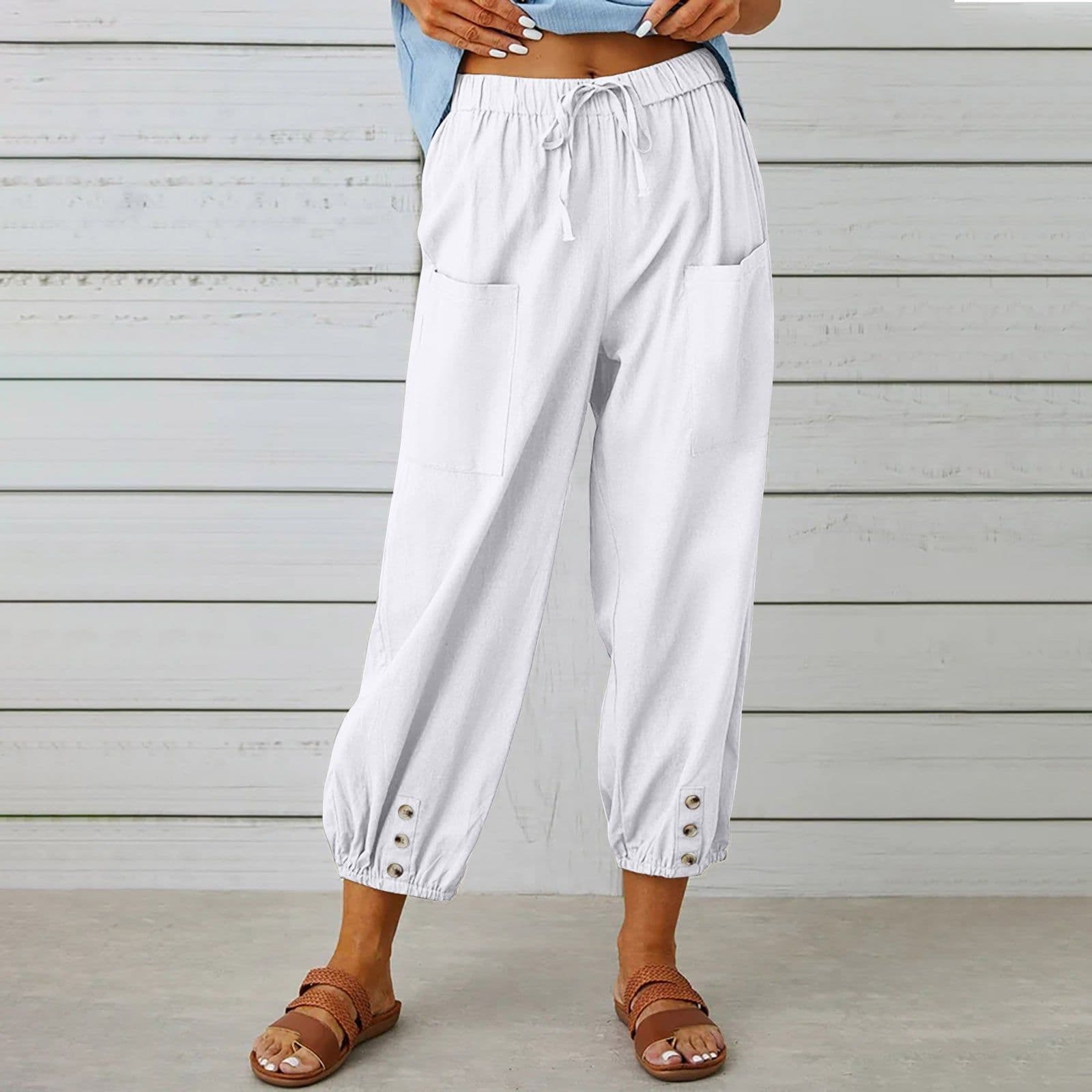 image-Women Drawstring Tie Pants Spring Summer Cotton And Linen Trousers With Pockets Button