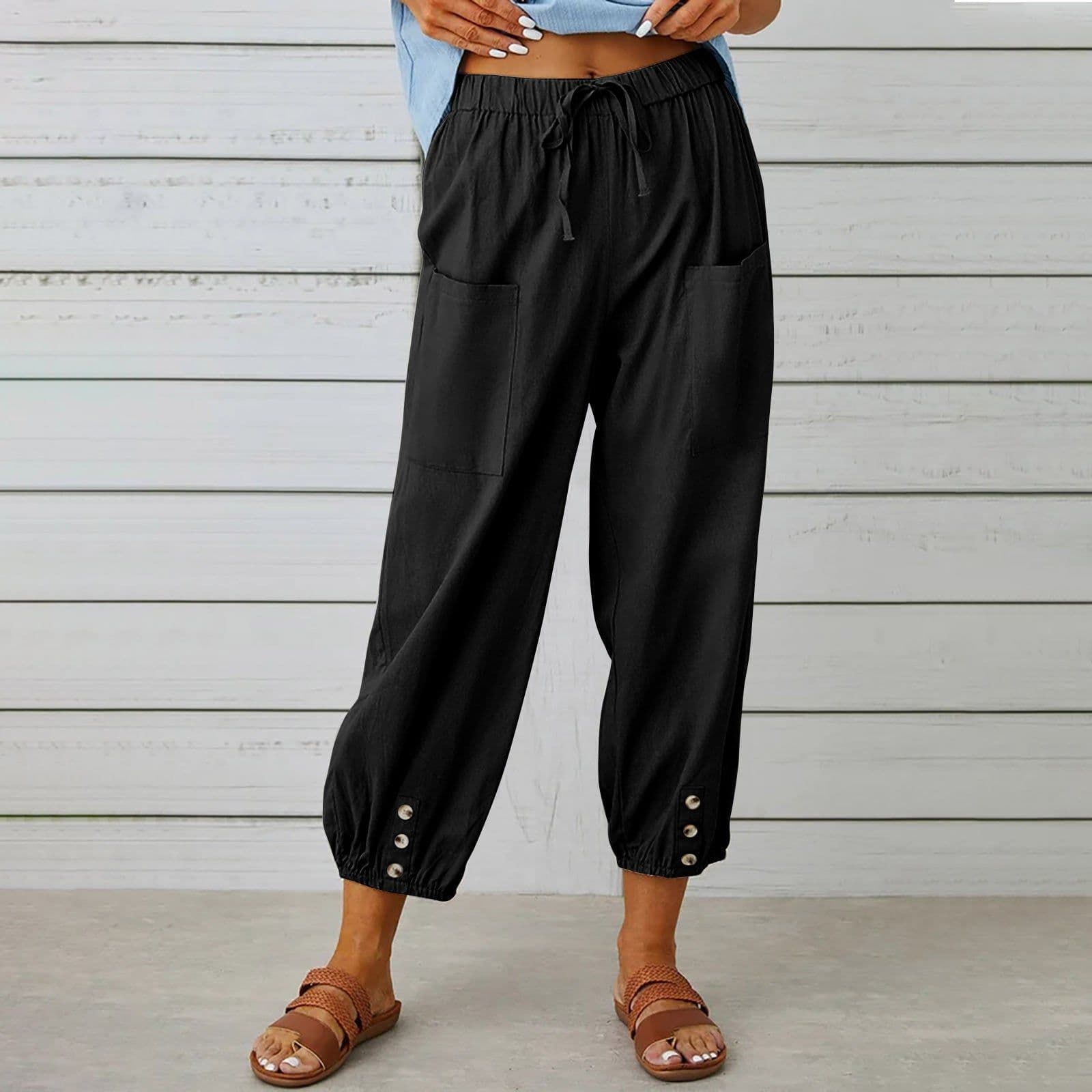 image-Women Drawstring Tie Pants Spring Summer Cotton And Linen Trousers With Pockets Button