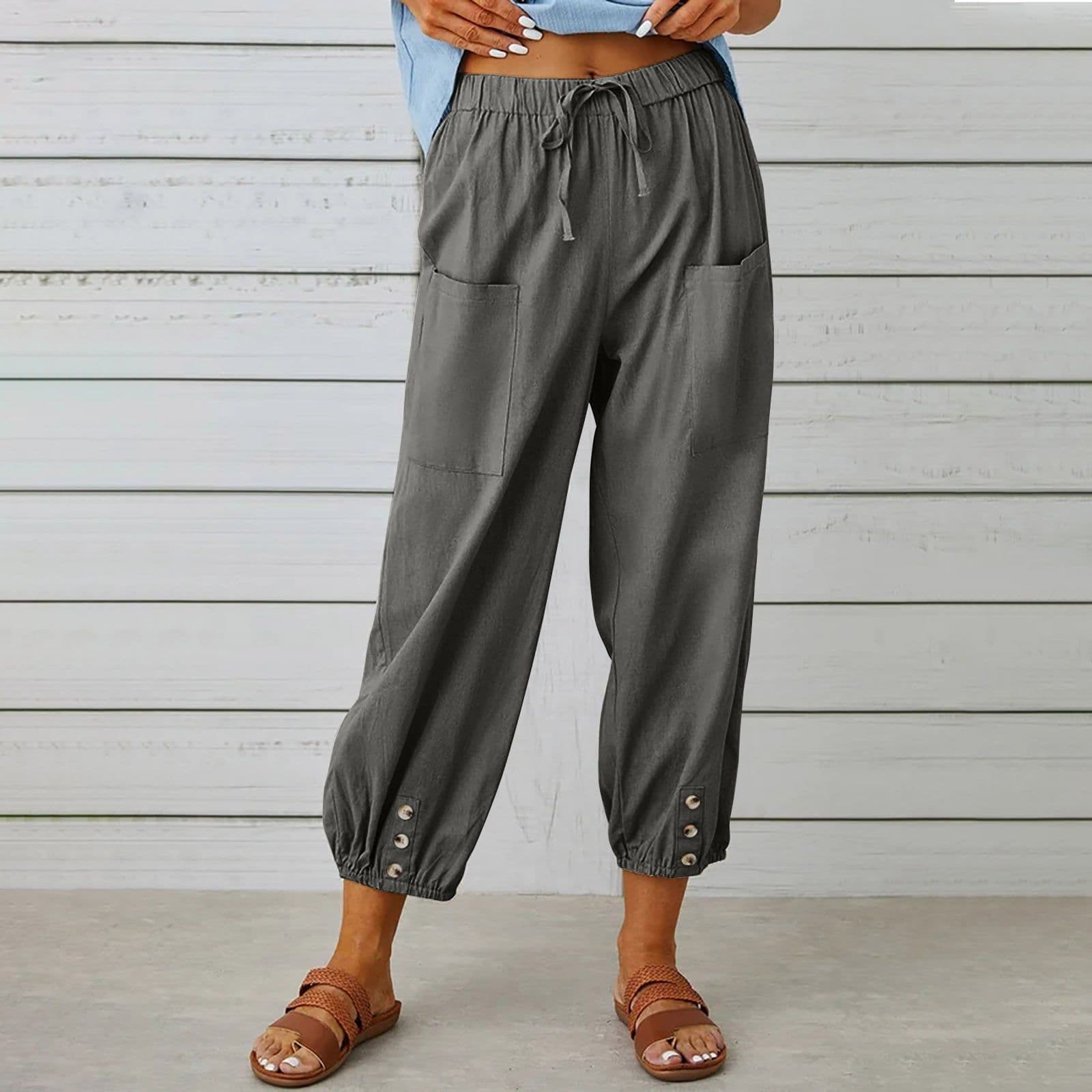 image-Women Drawstring Tie Pants Spring Summer Cotton And Linen Trousers With Pockets Button