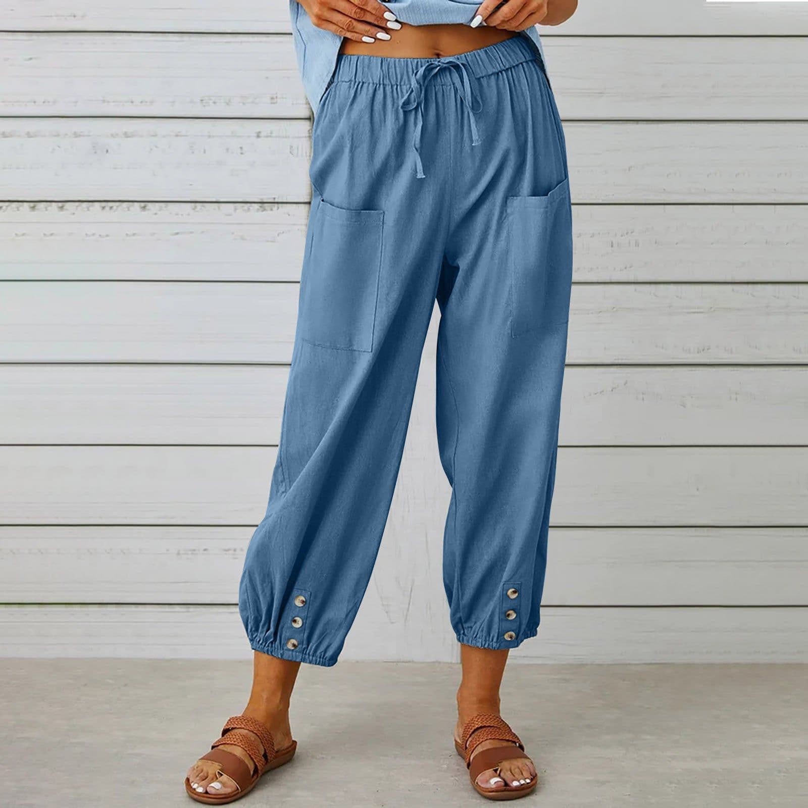 image-Women Drawstring Tie Pants Spring Summer Cotton And Linen Trousers With Pockets Button