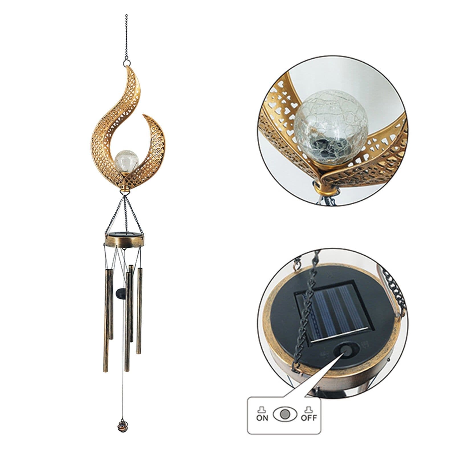 image-Solar Wrought Iron Wind Chime Lamp Outdoor Hollow Flame Sun Moon Lamp Garden Flame Suspension