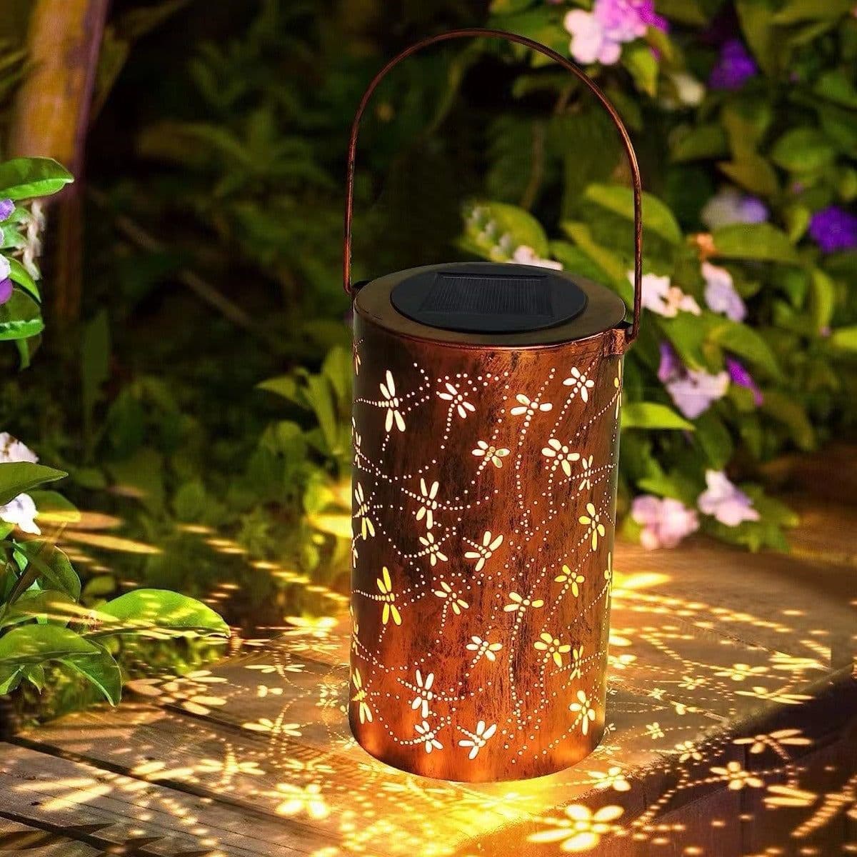 image-Solar Lantern Outdoor Waterproof Courtyard Decoration Wrought Iron Cylinder Hollow-out Lantern Garden Landscape Decorative Lamp