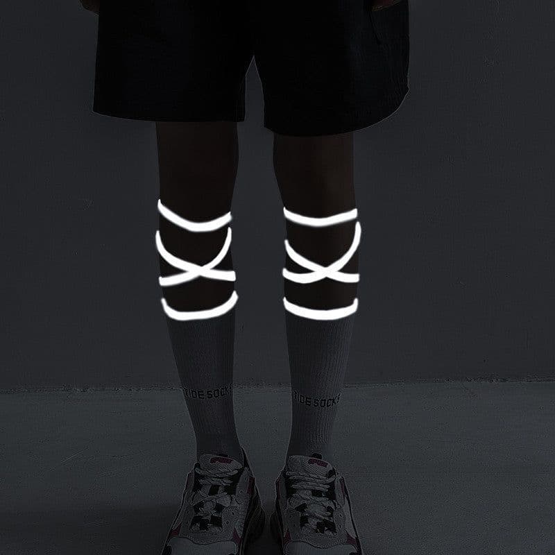 image-New Fluorescent Bandage Socks Female Letter Printed New Trendy Bar Nightclub Personality Reflective Cross High Quality Socks