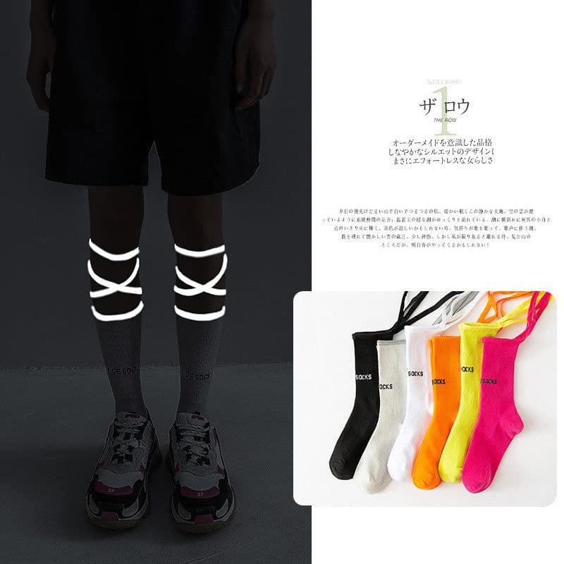 image-New Fluorescent Bandage Socks Female Letter Printed New Trendy Bar Nightclub Personality Reflective Cross High Quality Socks