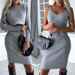 image-2pcs Suit Women's Solid Stripe Long-sleeved Top And Tight Suspender Skirt Fashion Autumn Winter Slim Clothing