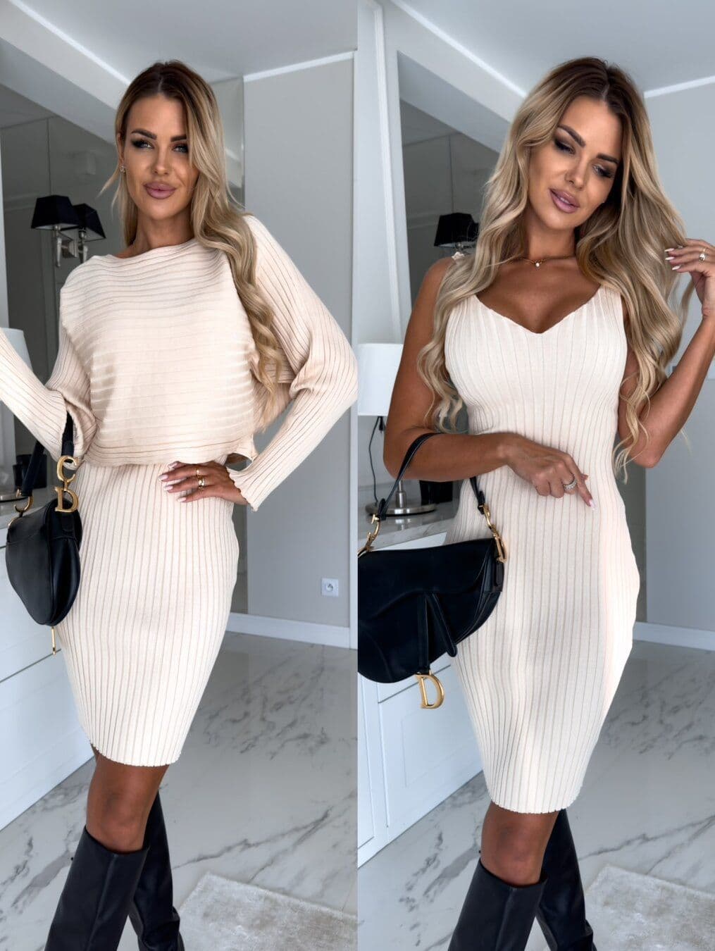 image-2pcs Suit Women's Solid Stripe Long-sleeved Top And Tight Suspender Skirt Fashion Autumn Winter Slim Clothing