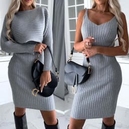 image-2pcs Suit Women's Solid Stripe Long-sleeved Top And Tight Suspender Skirt Fashion Autumn Winter Slim Clothing
