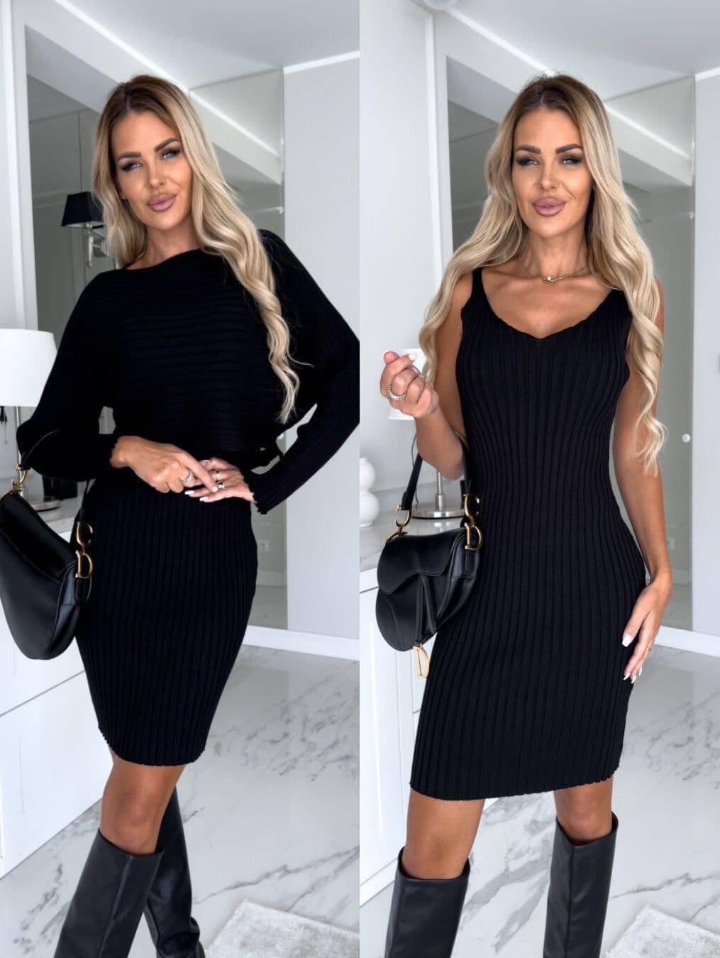 image-2pcs Suit Women's Solid Stripe Long-sleeved Top And Tight Suspender Skirt Fashion Autumn Winter Slim Clothing