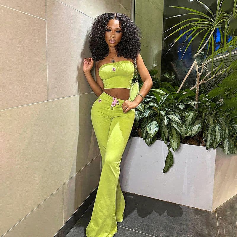 image-Fashion Summer Suit Embroidery Tube Top And High Waist Drawstring Bell-bottomed Pants Two-piece Set Womens Clothing