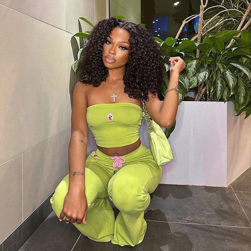 image-Fashion Summer Suit Embroidery Tube Top And High Waist Drawstring Bell-bottomed Pants Two-piece Set Womens Clothing