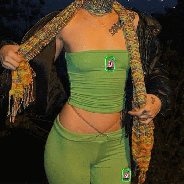 image-Fashion Summer Suit Embroidery Tube Top And High Waist Drawstring Bell-bottomed Pants Two-piece Set Womens Clothing
