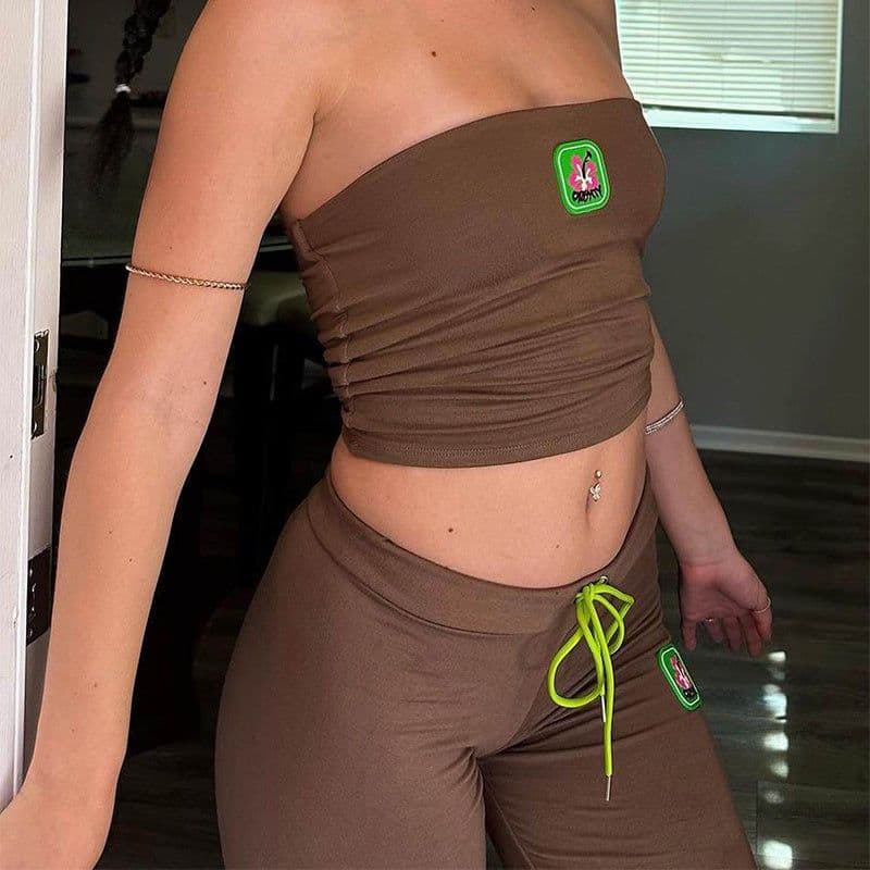 image-Fashion Summer Suit Embroidery Tube Top And High Waist Drawstring Bell-bottomed Pants Two-piece Set Womens Clothing
