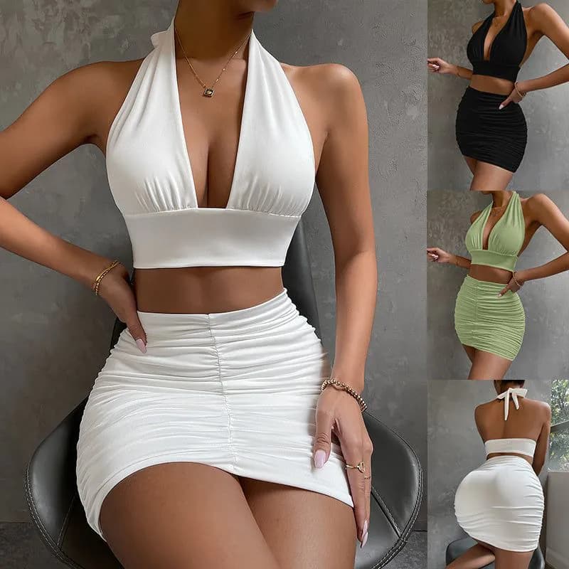 image-2pcs Dress Suits For Women Halter Lace-up Hip Top And Pleated Hip-covering Skirt