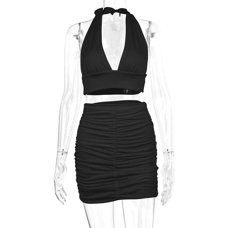 image-2pcs Dress Suits For Women Halter Lace-up Hip Top And Pleated Hip-covering Skirt
