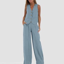 image-Summer Vest Suits V-neck Botton Sleeveless Top And Loose Straight Trousers Casual Womens Clothing