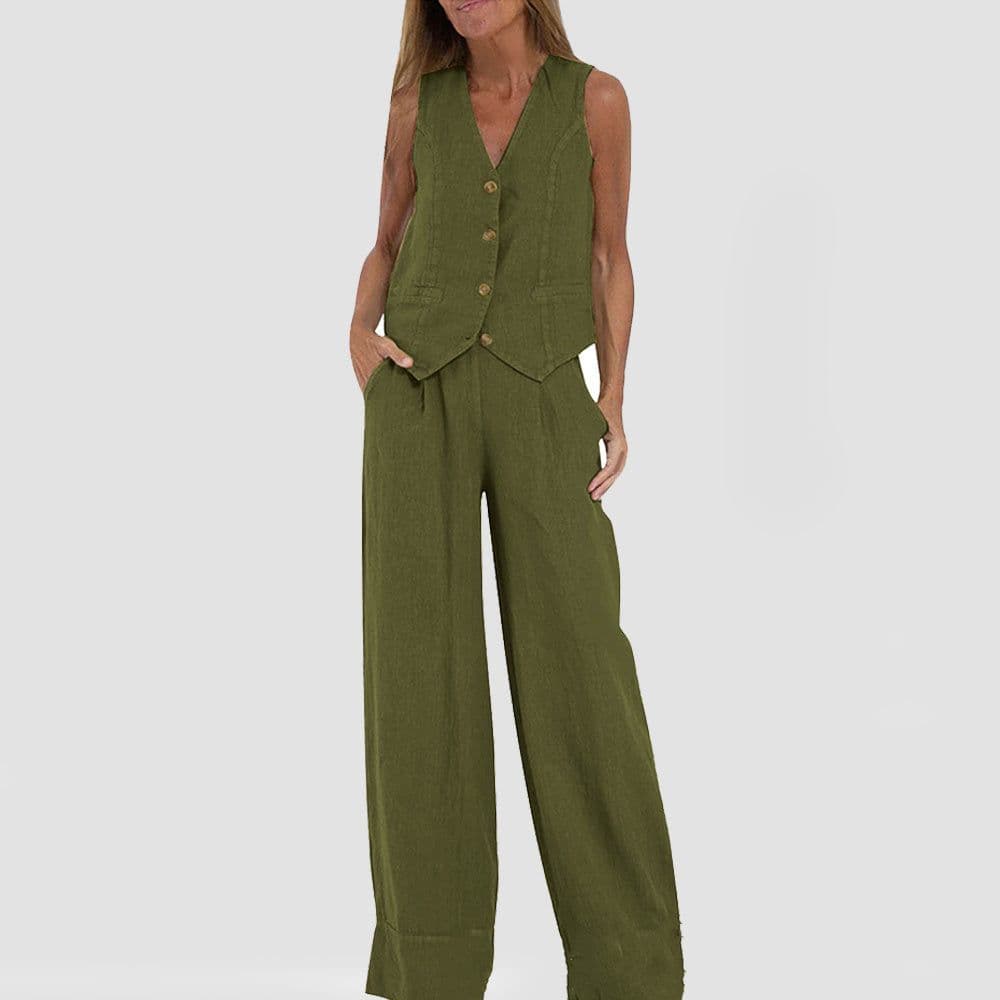 image-Summer Vest Suits V-neck Botton Sleeveless Top And Loose Straight Trousers Casual Womens Clothing