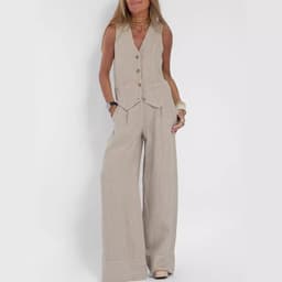 image-Summer Vest Suits V-neck Botton Sleeveless Top And Loose Straight Trousers Casual Womens Clothing