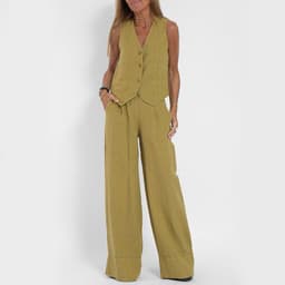 image-Summer Vest Suits V-neck Botton Sleeveless Top And Loose Straight Trousers Casual Womens Clothing