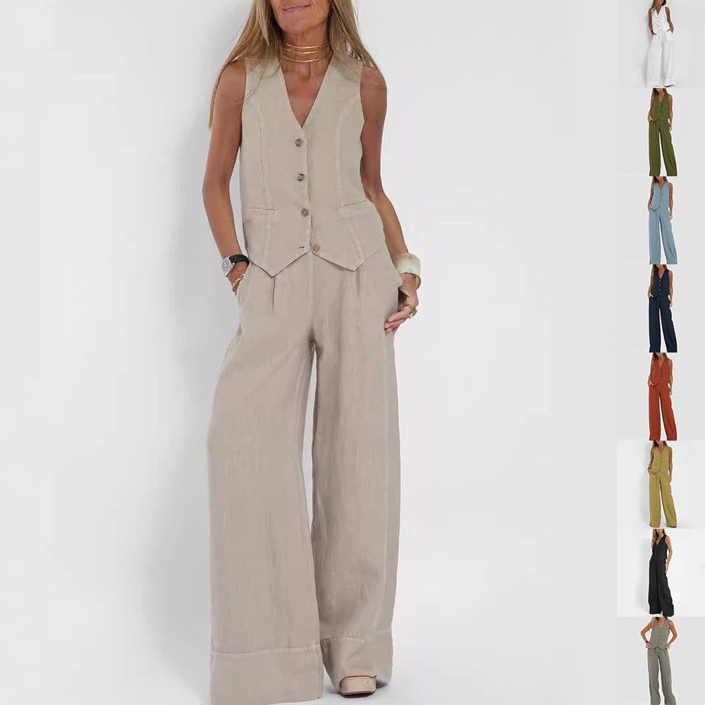 image-Summer Vest Suits V-neck Botton Sleeveless Top And Loose Straight Trousers Casual Womens Clothing