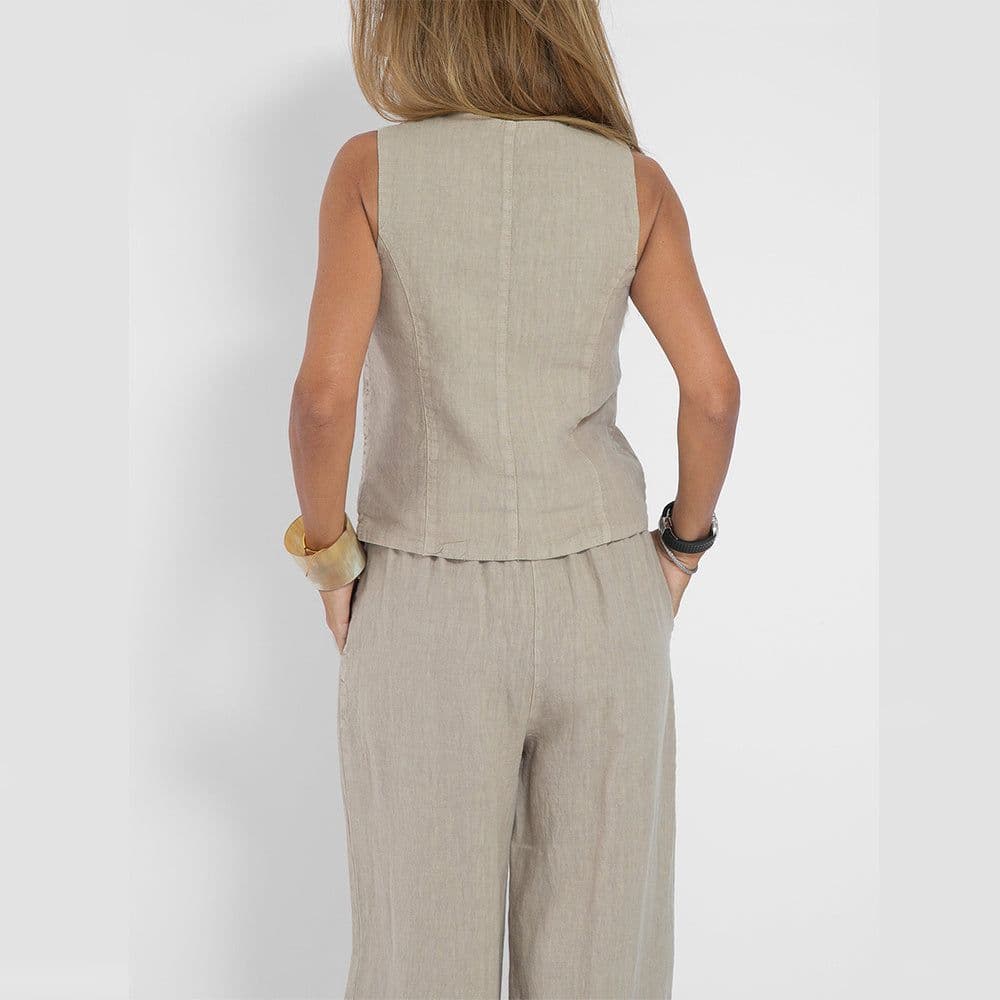 image-Summer Vest Suits V-neck Botton Sleeveless Top And Loose Straight Trousers Casual Womens Clothing