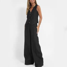 image-Summer Vest Suits V-neck Botton Sleeveless Top And Loose Straight Trousers Casual Womens Clothing