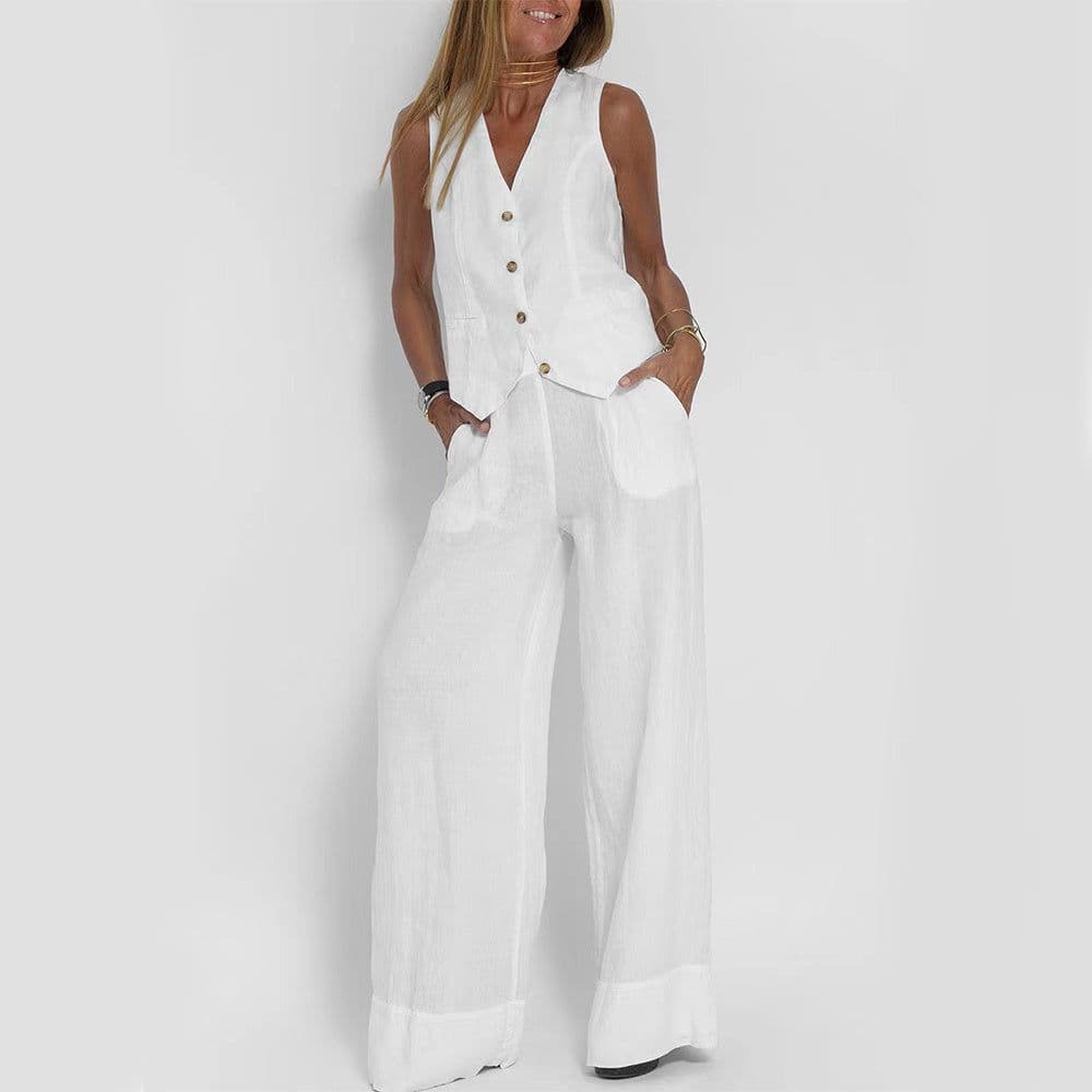 image-Summer Vest Suits V-neck Botton Sleeveless Top And Loose Straight Trousers Casual Womens Clothing