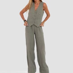 image-Summer Vest Suits V-neck Botton Sleeveless Top And Loose Straight Trousers Casual Womens Clothing