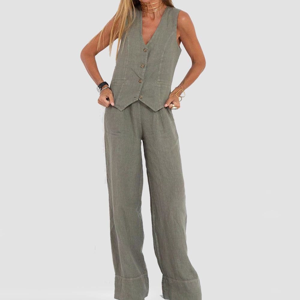image-Summer Vest Suits V-neck Botton Sleeveless Top And Loose Straight Trousers Casual Womens Clothing