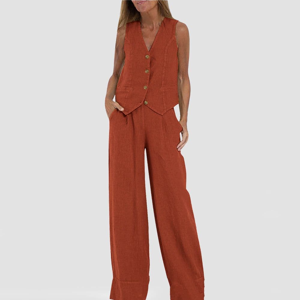image-Summer Vest Suits V-neck Botton Sleeveless Top And Loose Straight Trousers Casual Womens Clothing