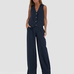 image-Summer Vest Suits V-neck Botton Sleeveless Top And Loose Straight Trousers Casual Womens Clothing