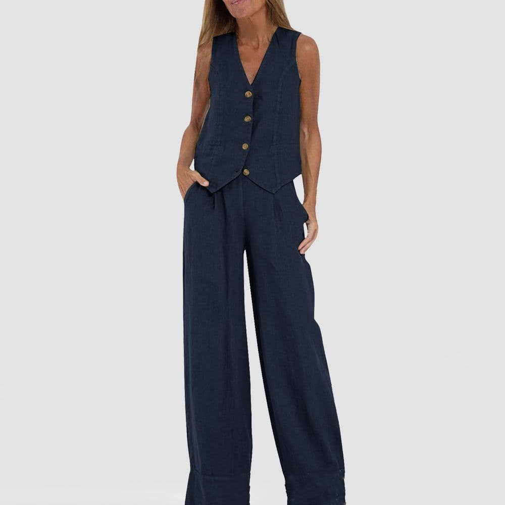 image-Summer Vest Suits V-neck Botton Sleeveless Top And Loose Straight Trousers Casual Womens Clothing