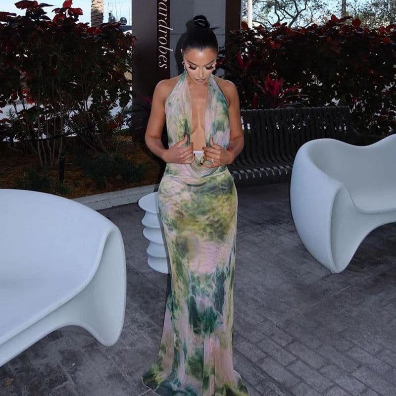 image-2pcs Tie Dye Printing Deep V-neck Suits Fashion Halter Backless Long Dresses For Beach Party Womens Clothing